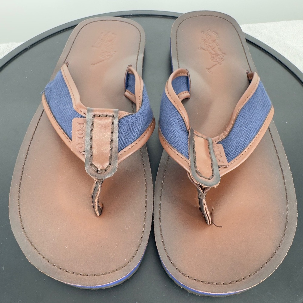Polo Ralph Lauren Sullivan Men 12D Brown Navy Leather Webbing Flip Flop Sandals